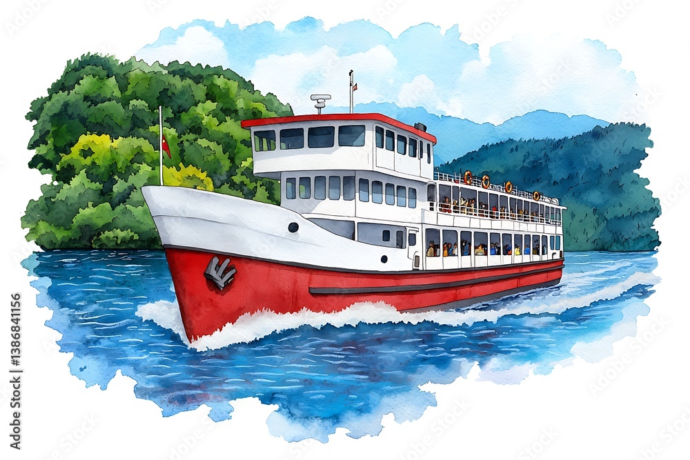 Scenic Riverboat Journey on Clear Water Amidst Lush Green Landscape Scenic Riverboat Journey on Clear Water Amidst Lush Green Landscape