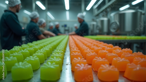 Industrial cannabis gummy production line with conveyor belts and manufacturing equipment.
