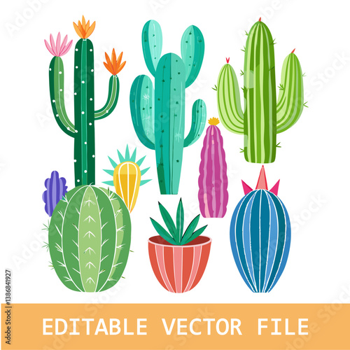 cactus on light backdrop. Abstract line drawing of plants in pastel colors, minimalist style. Wallpaper with leaves and flowers. Background with copy space.