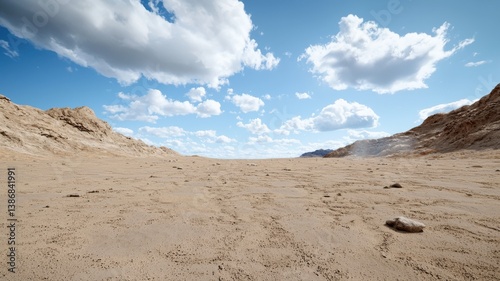 Expansive desert landscape under a vibrant sky with scattered clouds, showcasing natural beauty and tranquility.