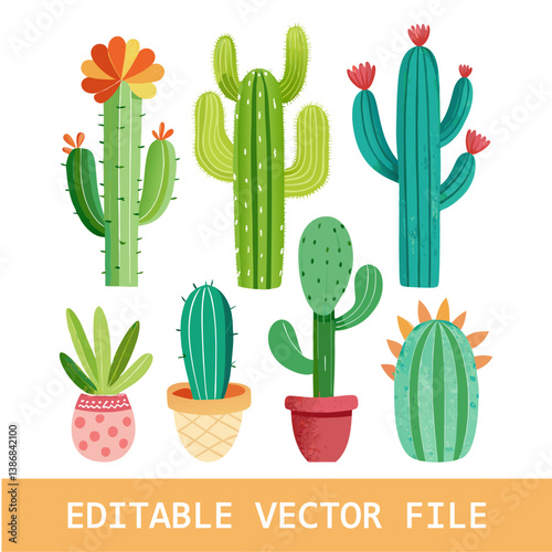 Sketch of succulents in pots. Stylized watercolor. Vector illustration.