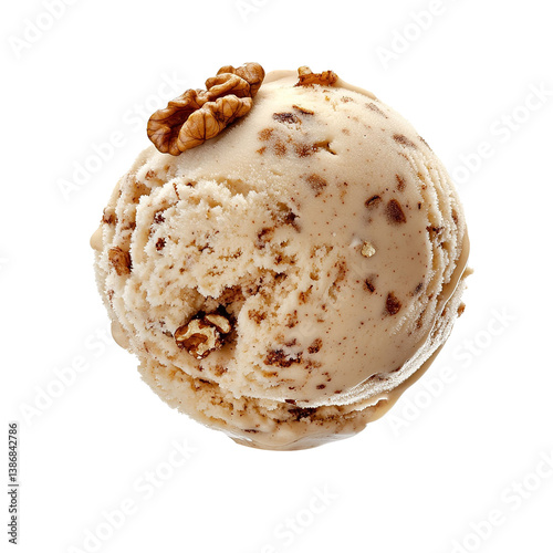 A scoop of caramelized walnut ice cream floating in air, isolated on white background.