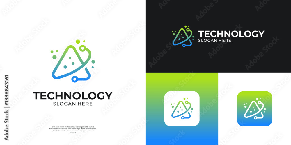 Fototapeta premium Letter A tech logo design template. Future icon with triangle shape and data connection.