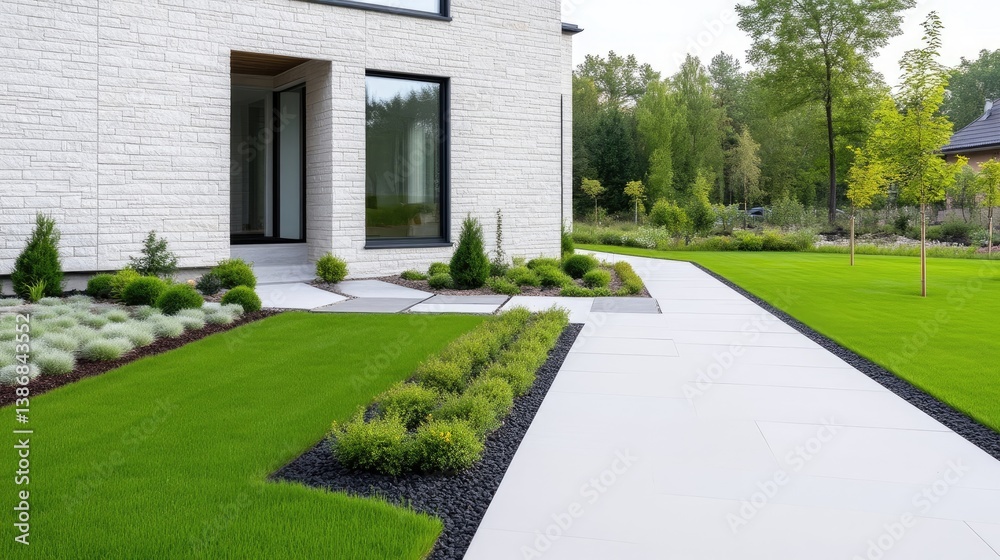 Obraz premium A modern homes landscaped front yard features a pristine, light-grey paved walkway leading to the entrance. Neatly trimmed hedges and lush green lawns surround the path. The house is a light-grey bri