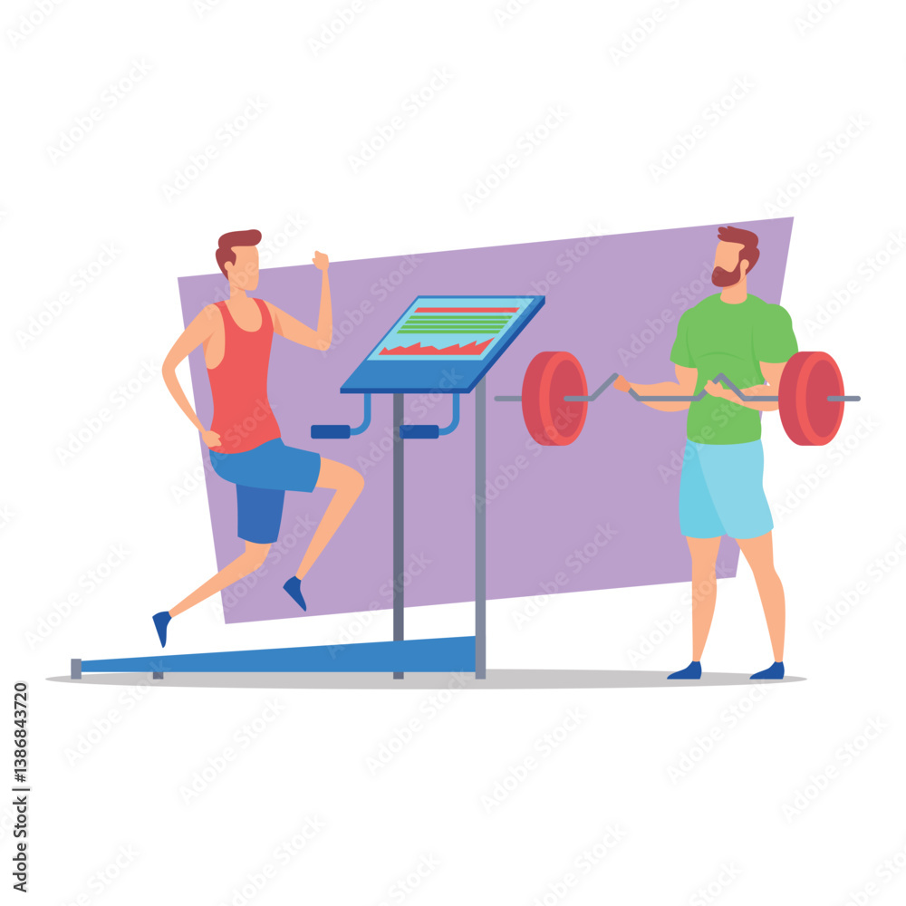 Fototapeta premium Two individuals exercising in gym setting. One person running on treadmill while other lifting weights. Workout routine concept