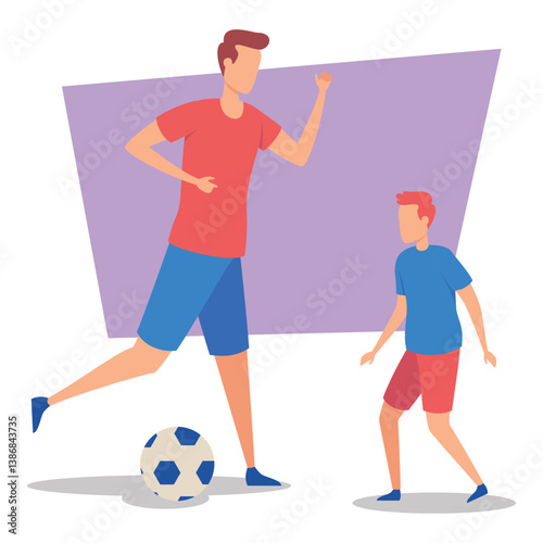 Adult and child actively practicing soccer outdoors, showcasing teamwork and enjoyment