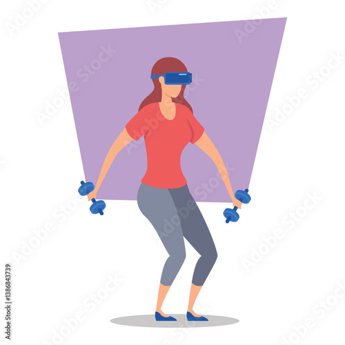 Woman immersed in virtual fitness session while doing exercises with dumbbells. Focus and determination concept