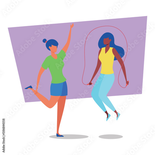 Two women actively participating in fitness routine, with one jumping rope and other encouraging. Vitality and enthusiasm concept