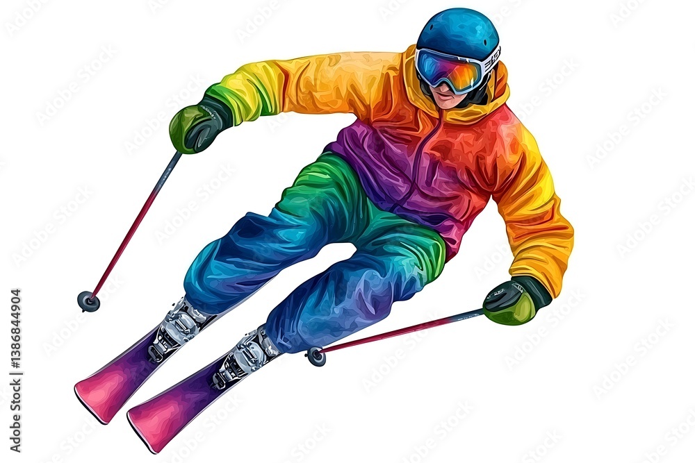 Colorful Skiing Action with Skier in Vibrant Winter Apparel Colorful Skiing Action with Skier in Vibrant Winter Apparel