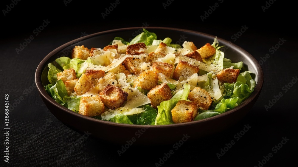 A crispy Caesar salad with croutons and parmesan cheese. Featuring crunch and flavor A crispy Caesar salad with croutons and parmesan cheese. Featuring crunch and flavor