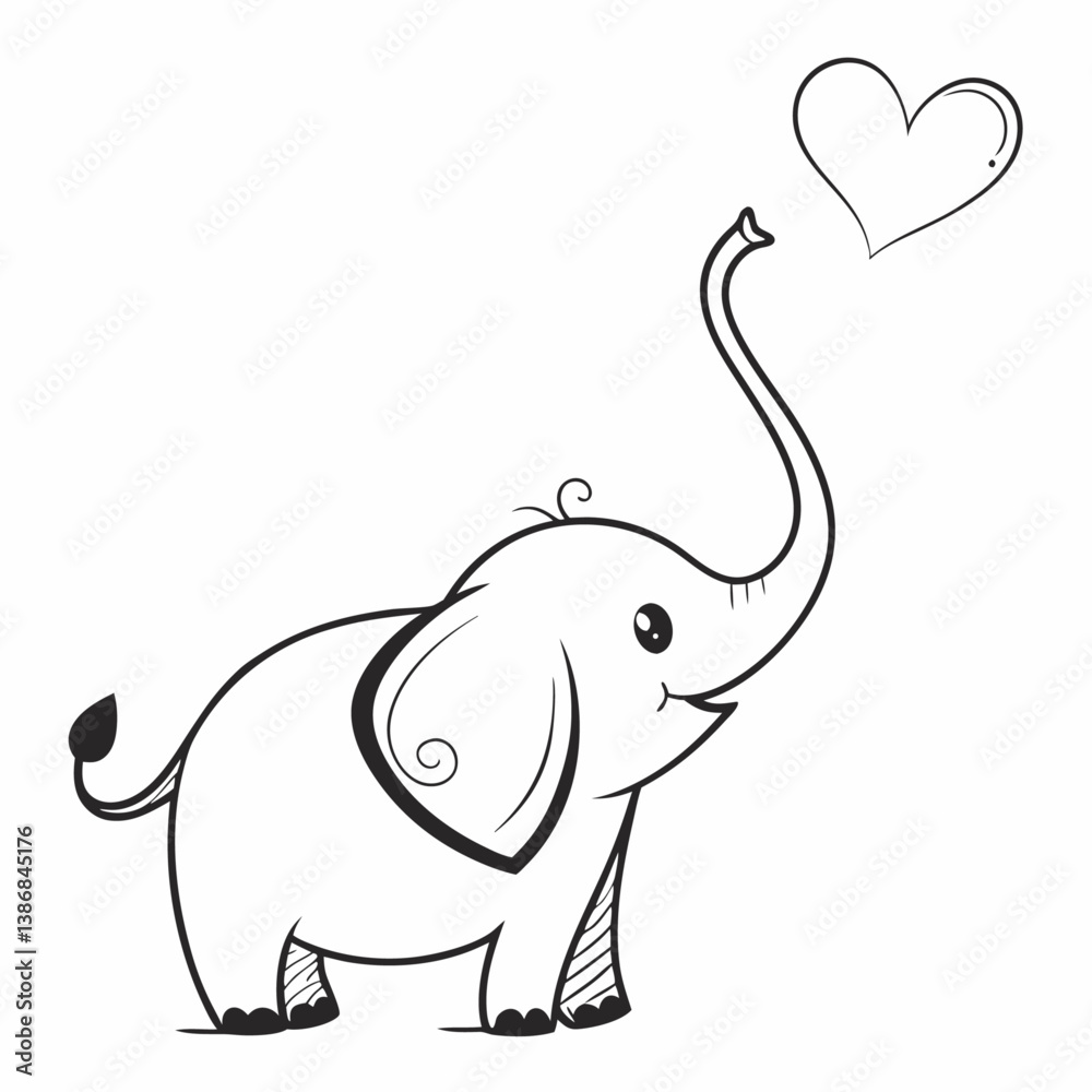 Fototapeta premium A simple, black and white vector illustration of a cute elephant with a heart-shaped 