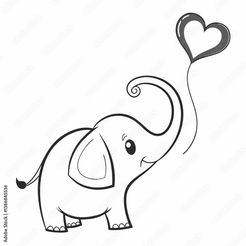 Fototapeta premium A simple, black and white vector illustration of a cute elephant with a heart-shaped