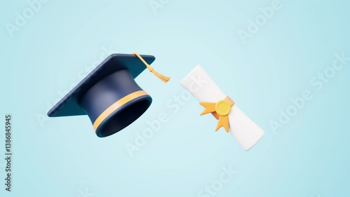 3d rendering cartoon trencher cap and scroll animation