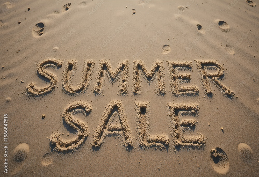 Fototapeta premium Text on a Sandy Beach Announcing a Hot Summer Sale for Vacation Savings