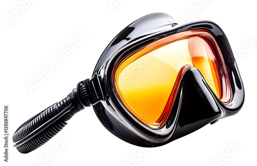 Black diving mask amber lenses rests elegantly on white background. AI Generated