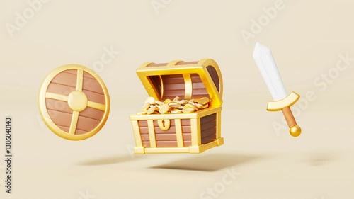 3d rendering cartoon chest and treasure with sword and shield animation