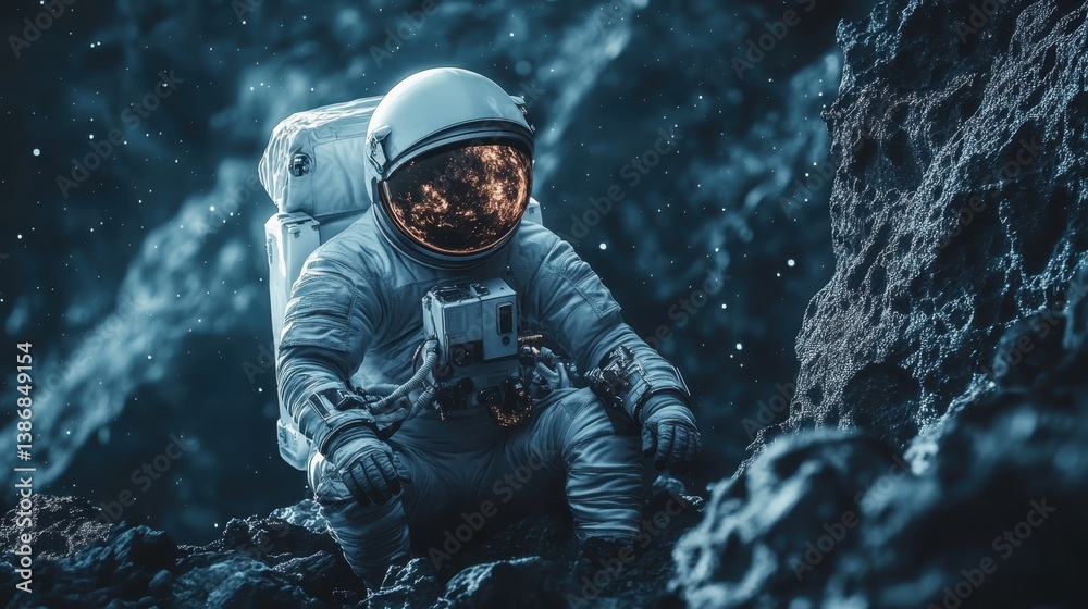 Exploring a mystical cave illuminated by vibrant cosmic colors and showcasing an astronaut's journey through an otherworldly environment Exploring a mystical cave illuminated by vibrant cosmic colors and showcasing an astronaut's journey through an otherworldly environment