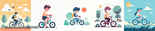 a bunch of vector boys riding bicycles