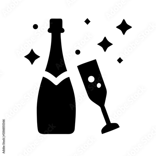 Black and white illustration, champagne bottle