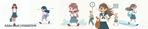 vector set of girls going to school