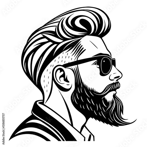 Black and white vector illustration of a man's face, stylized with a thick, flowing mustache and beard 