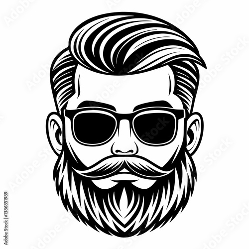 Black and white vector illustration of a man's face, stylized with a thick, flowing mustache and beard 