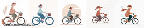 a set of vector grandmothers on bicycles