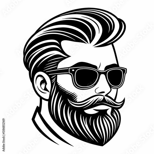 Black and white vector illustration of a man's face, stylized with a thick, flowing mustache and beard 