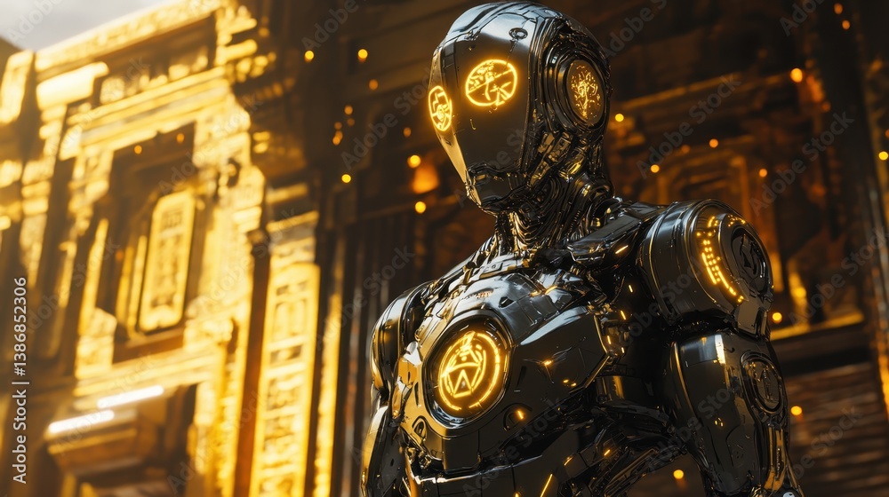 Fototapeta premium Futuristic robot stands guard at ancient ruins in a desert landscape during golden hour