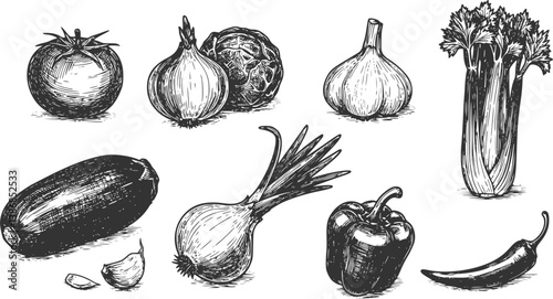 Black stamp vegetables. Retro woodcut engraved farm food icons, organic healthy products, tomato onion garlic celery pepper. Vector vegetable sketch collection