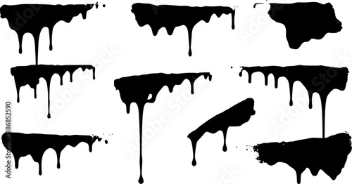 set of Dripping Oil Stain Liquid Ink Black Silhouettes. vector set