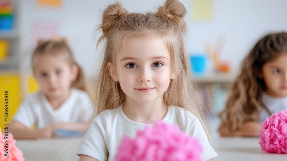 Smiling girl with pigtails, crafting with classmates Smiling girl with pigtails, crafting with classmates