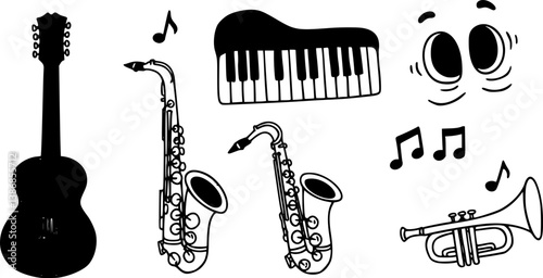 Doodle music instrument icons. Hand drawn funny guitar piano saxophone trumpet, childish sketchy musician melody tools elements. Vector instruments isolated set