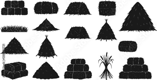 set of Black hay icon. Farm straw bales, dried grass piles and haystack silhouette symbols, rural agriculture hay harvest elements. Vector isolated set

