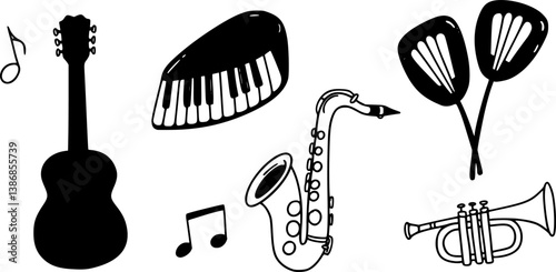 Doodle music instrument icons. Hand drawn funny guitar piano saxophone trumpet, childish sketchy musician melody tools elements. Vector instruments isolated set