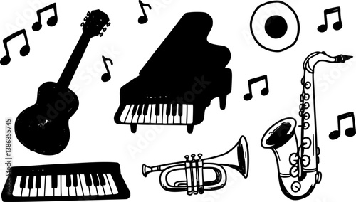 Doodle music instrument icons. Hand drawn funny guitar piano saxophone trumpet, childish sketchy musician melody tools elements. Vector instruments isolated set