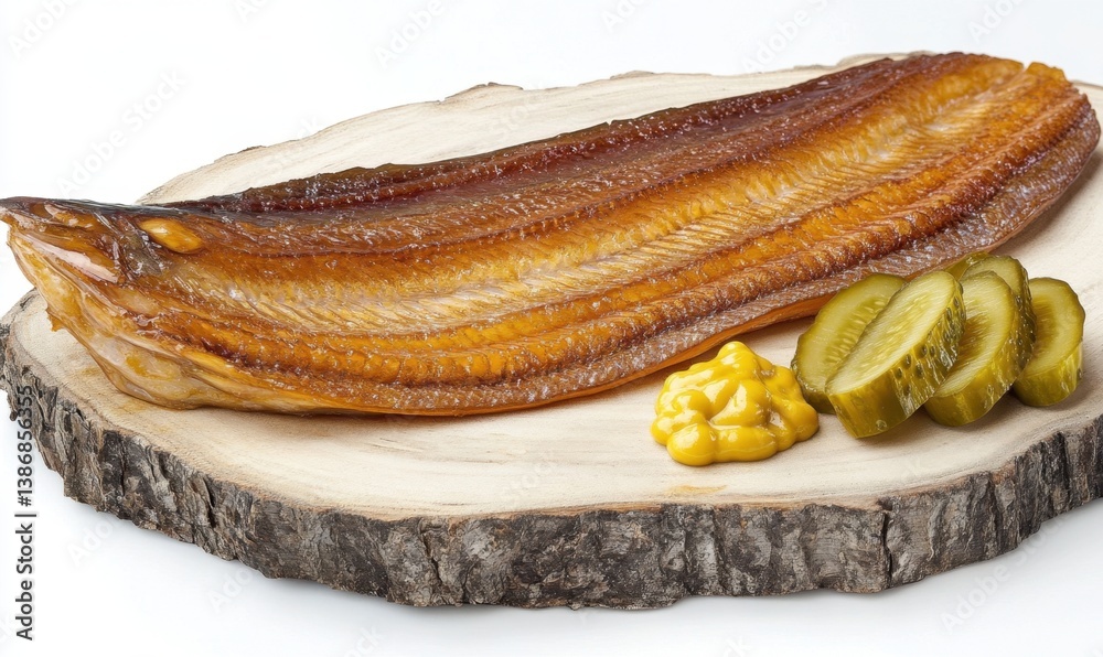 Smoked eel with mustard and pickles on wood. Recipe, food, photography Smoked eel with mustard and pickles on wood. Recipe, food, photography