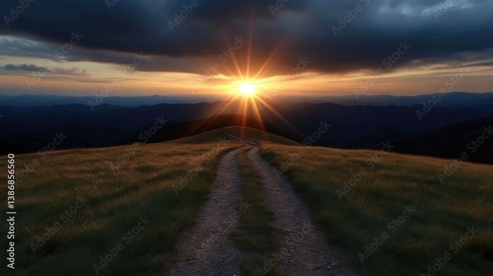 Naklejka premium Sunset path through mountain meadow