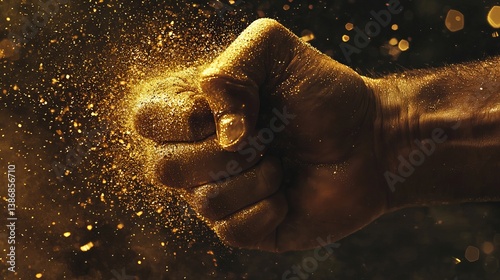 A clenched fist covered in shimmering gold dust against a dramatic, dark background.