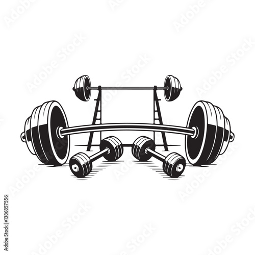 Set of heavy dumbbell and barbell weights for fitness and strength training on white background