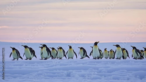 A group of emperor penguins walking on snow in a row during cold winter day, showing wildlife behavior and arctic environment