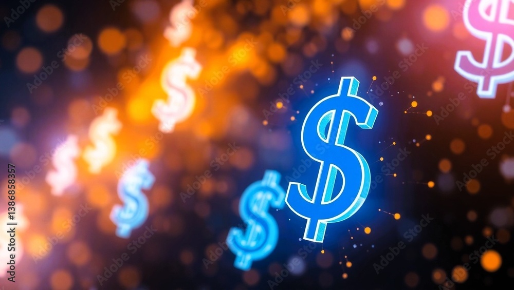 A burning neon golden dollar symbols signifies financial market volatility, economy, money, dollers A burning neon golden dollar symbols signifies financial market volatility, economy, money, dollers