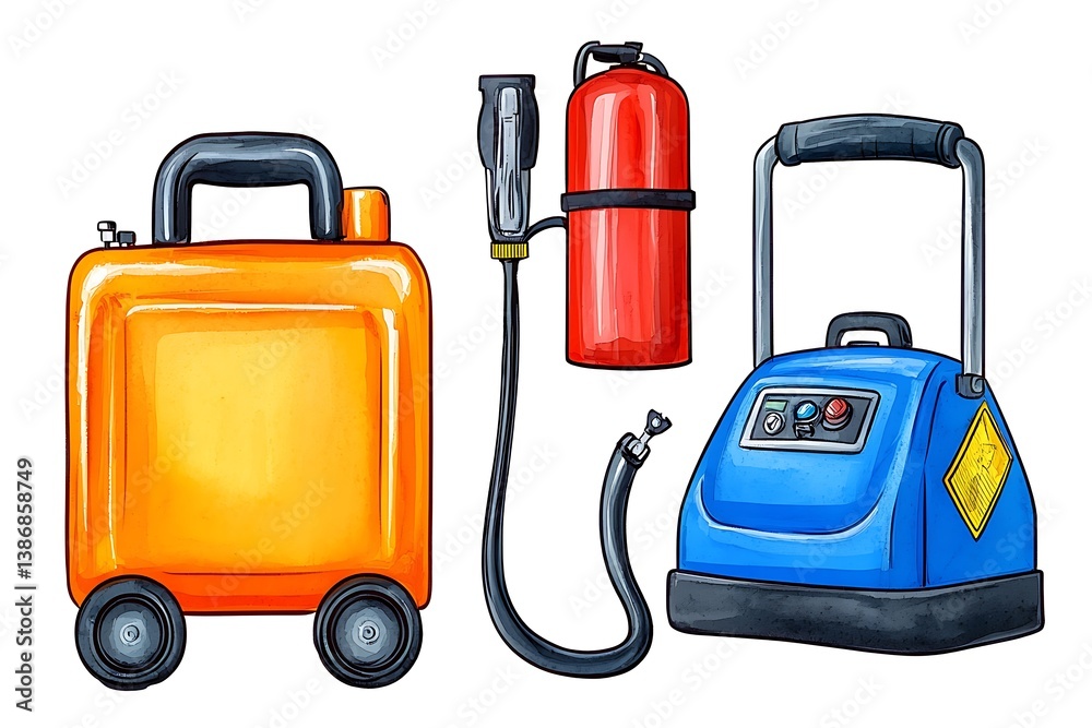 Colorful Equipment Including Fire Extinguisher and Fuel Canister Colorful Equipment Including Fire Extinguisher and Fuel Canister