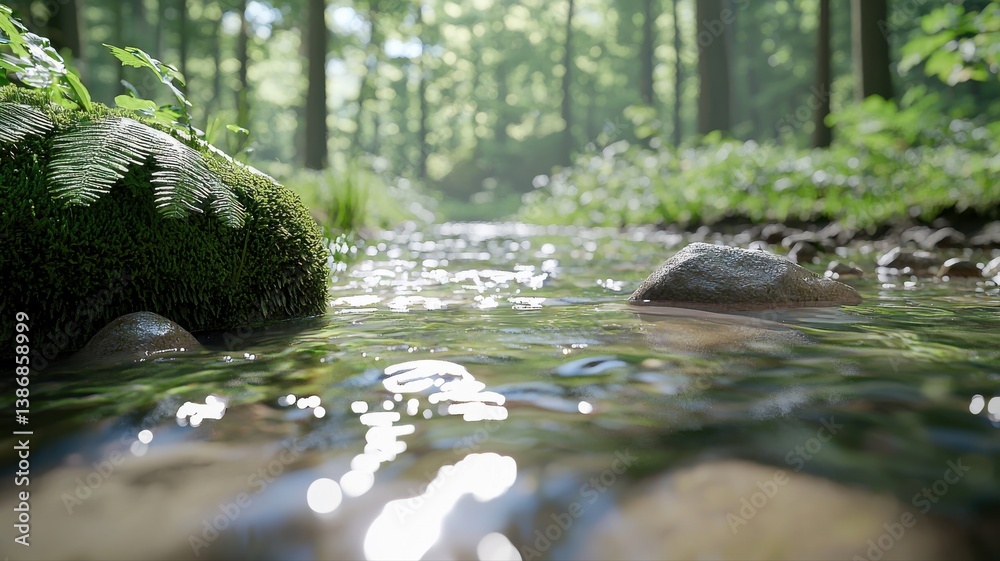 Fototapeta premium Serene forest stream with sunlight dancing on water, surrounded by lush greenery and moss-covered rocks.