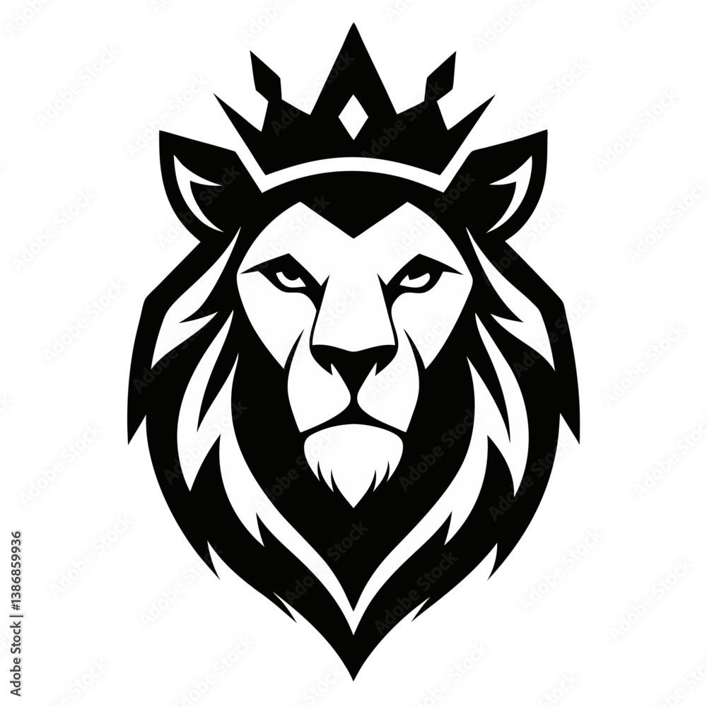 Obraz premium Lion head, stylized, black and white, crown, regal, majestic logo