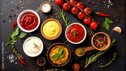 Sauces ketchup mustard mayonnaise dips spices herbs tomatoes garlic pepper salt food culinary gourmet fresh