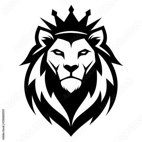 Lion head, stylized, black and white, crown, regal, majestic logo 
