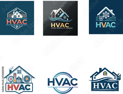 Modern HVAC Company Logos Featuring House Icons, Heating and Cooling Symbols, Vintage and Minimalist Styles, Professional Branding Elements, and Clean Blue-Red Color Schemes for Service Businesses