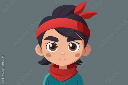 Warrior Girl Portrait: A striking illustration of a young girl with a determined expression. She is adorned with a red headband and scarf, embodying a sense of strength and courage.
