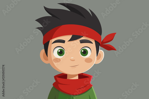 Energetic Young Boy with Red Bandana: A vibrant cartoon illustration of a spirited young boy with a red bandana and determined gaze.